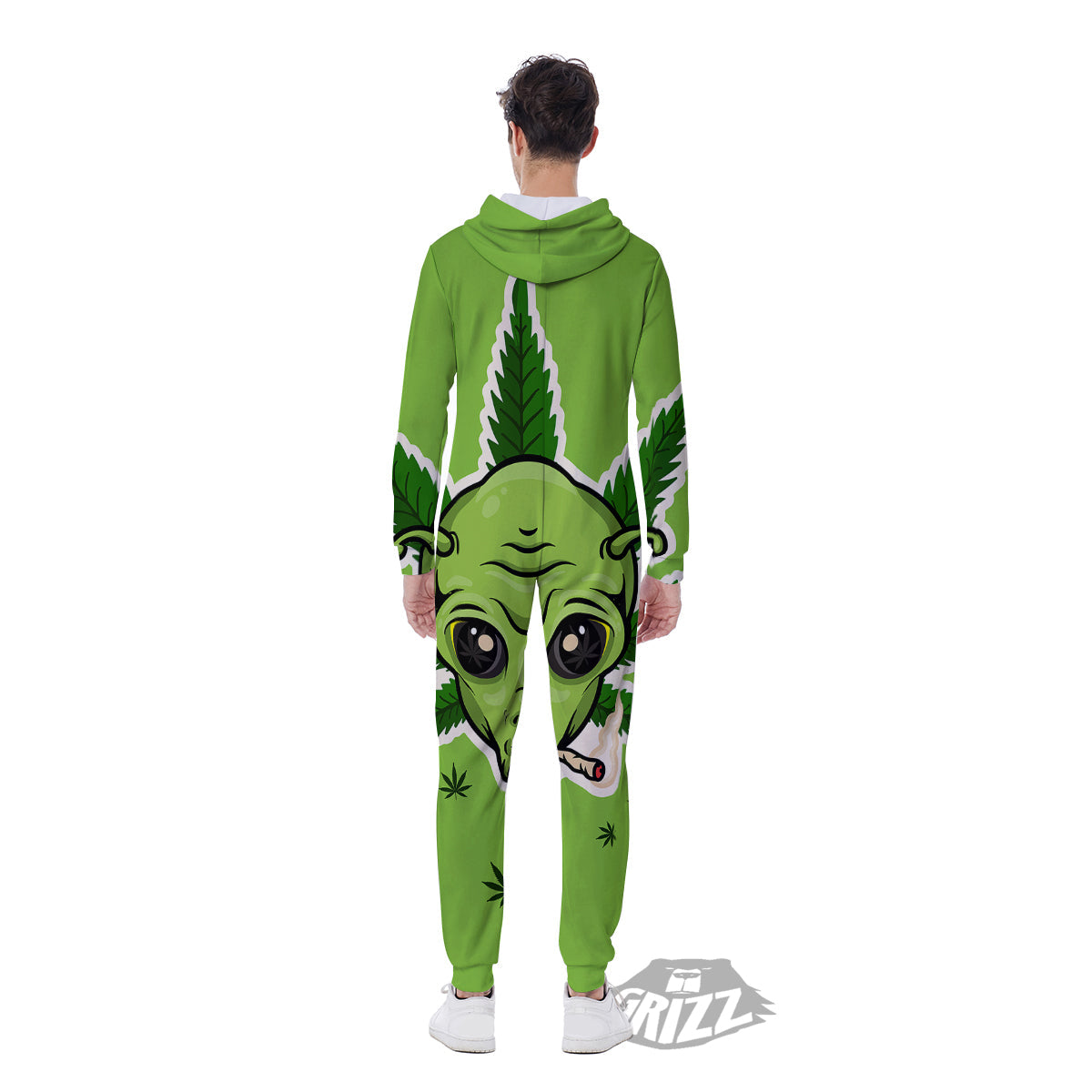 Green Alien Smoking Print Men's Jumpsuit-grizzshop