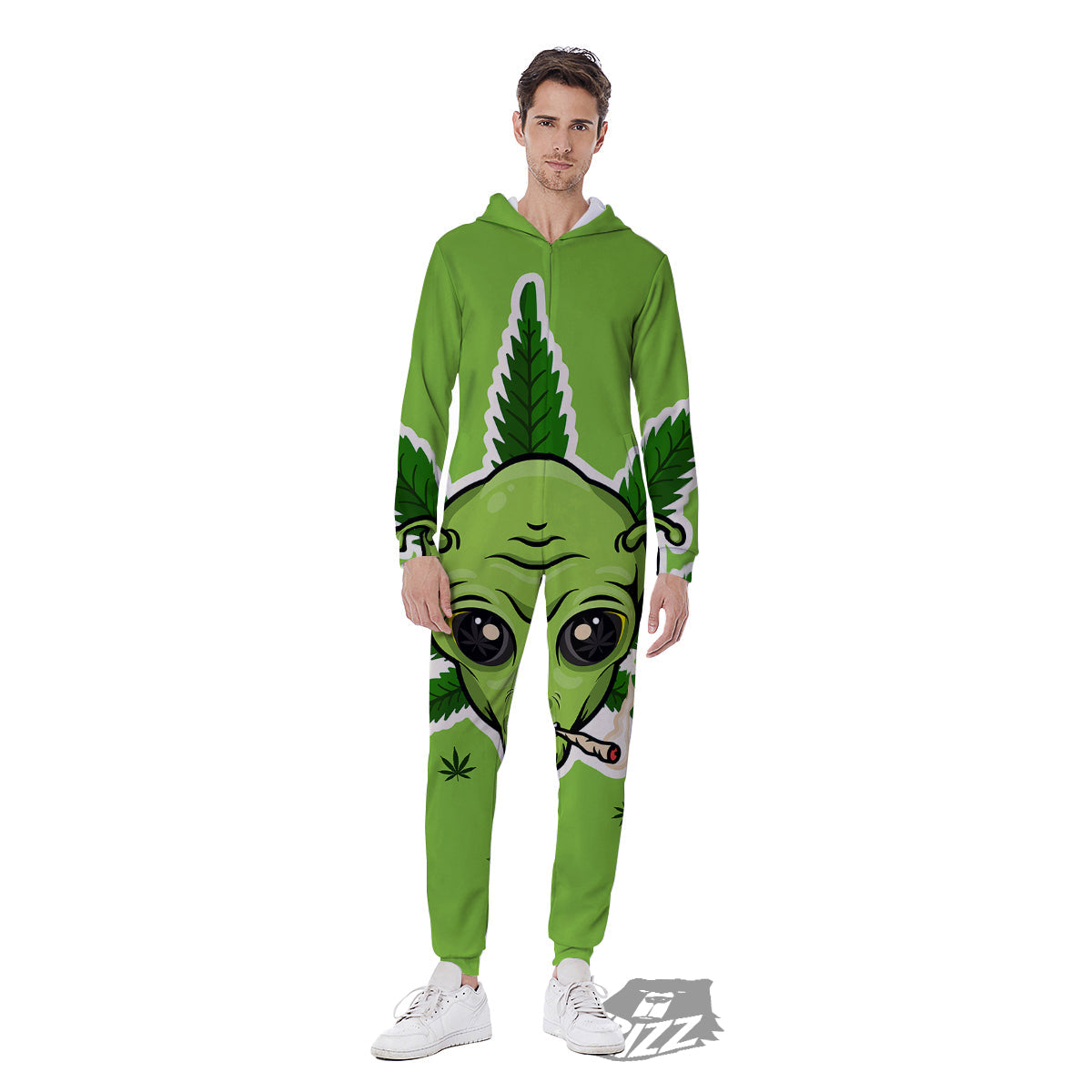 Green Alien Smoking Print Men's Jumpsuit-grizzshop