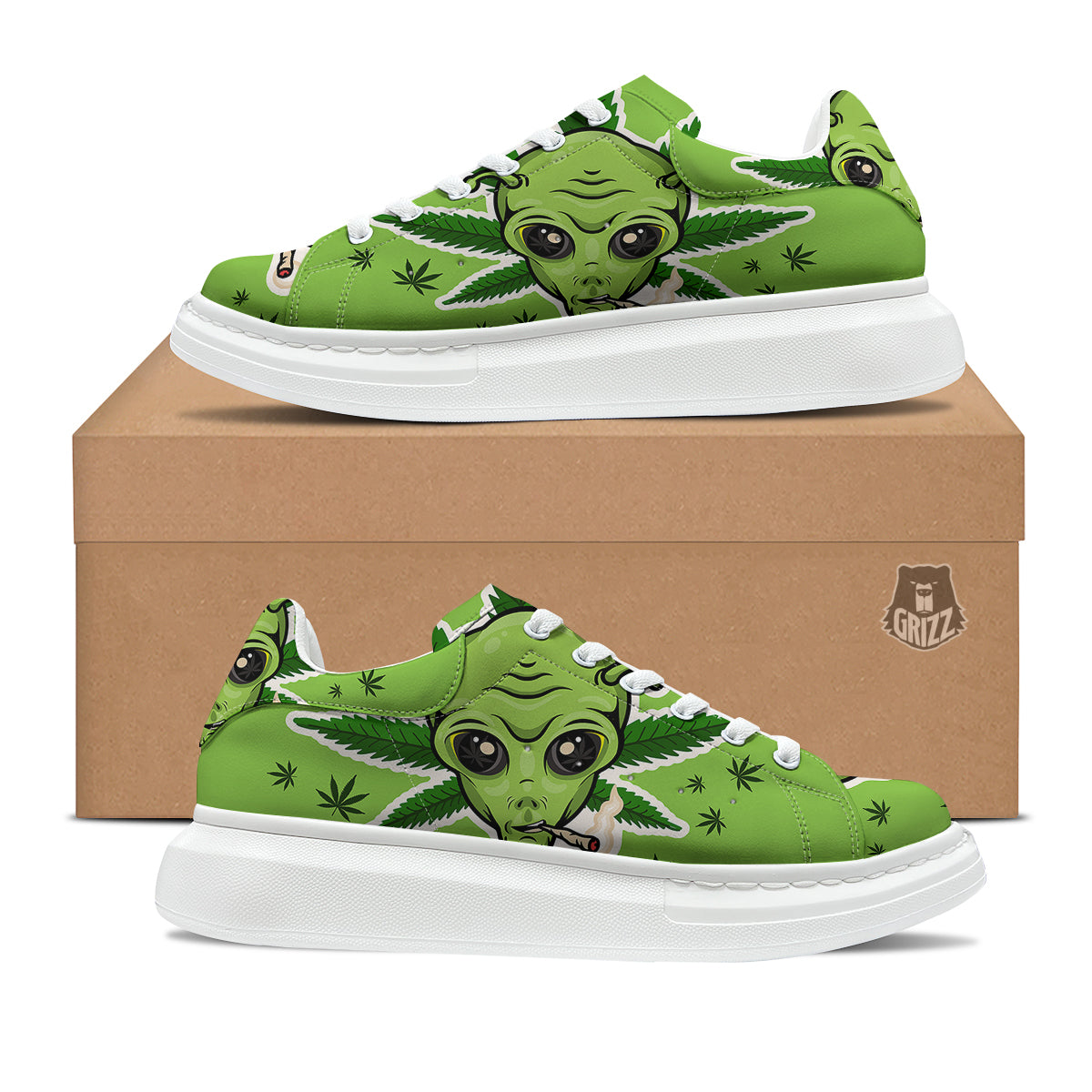 Green Alien Smoking Print Platform Shoes-grizzshop