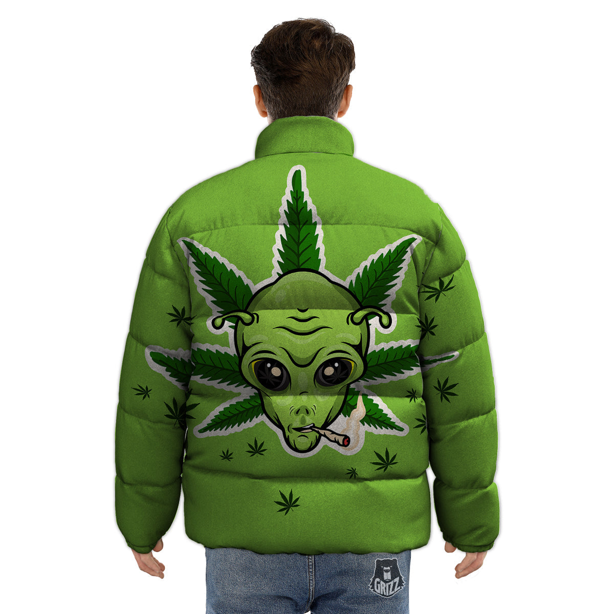 Green Alien Smoking Print Puffer Jacket-grizzshop