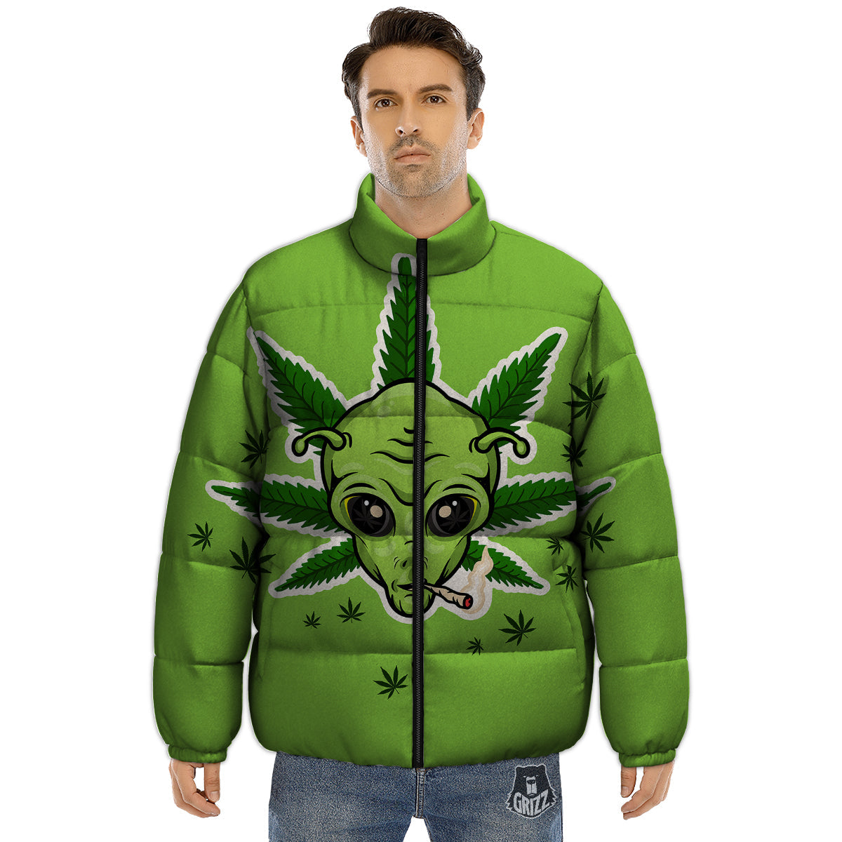 Green Alien Smoking Print Puffer Jacket-grizzshop