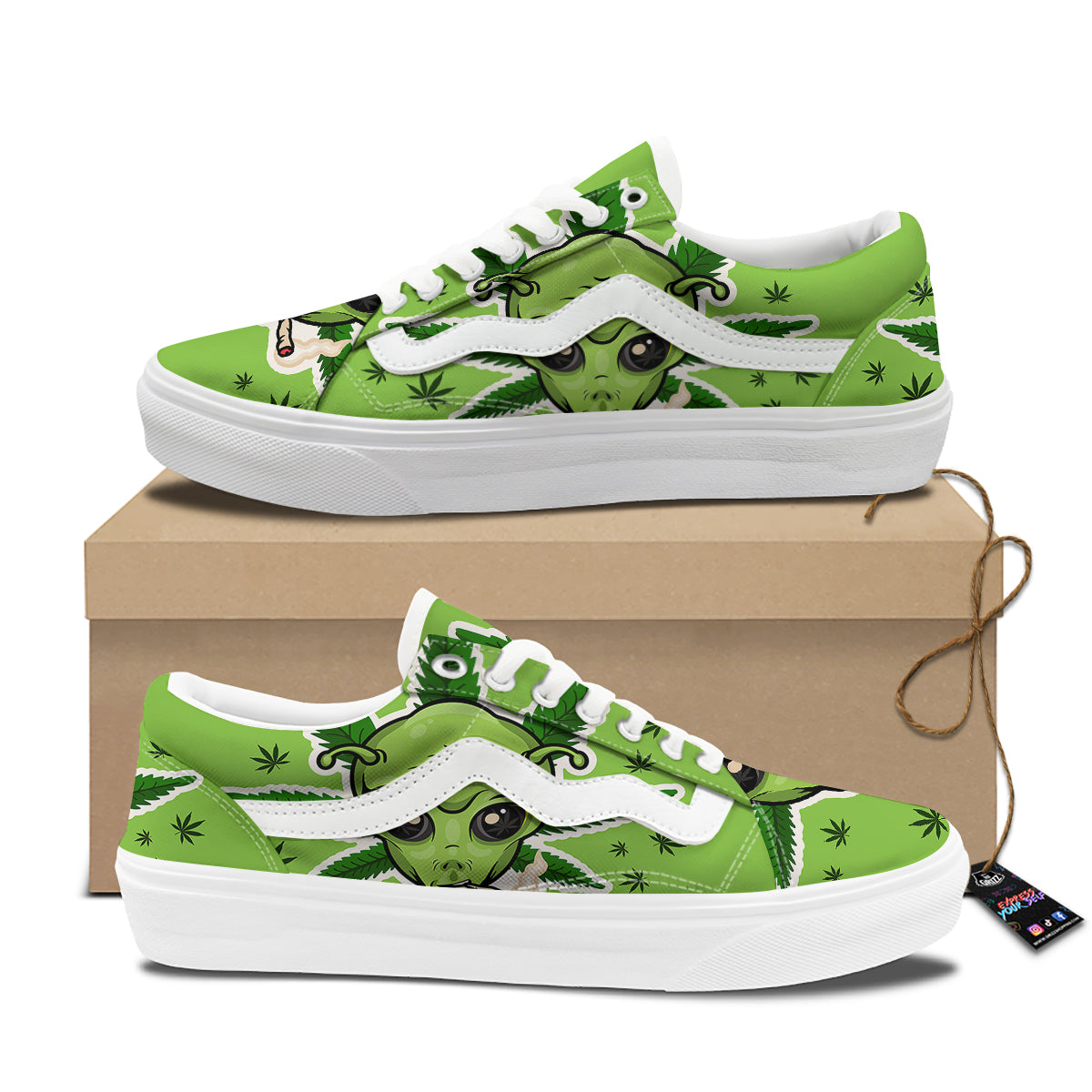 Green Alien Smoking Print Skate Shoes-grizzshop