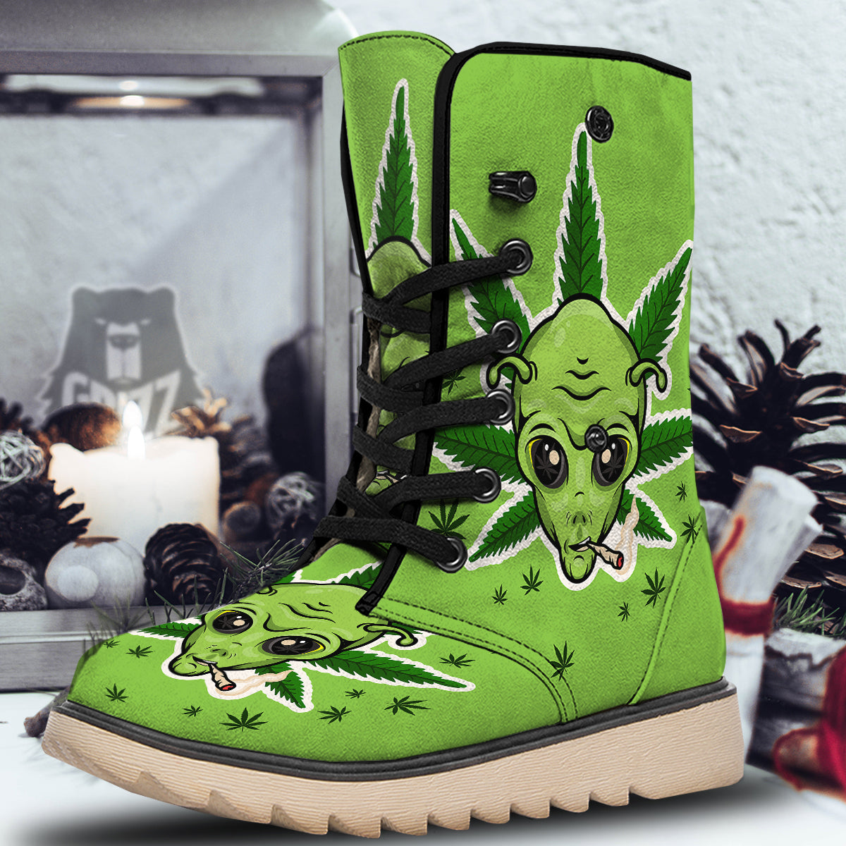 Green Alien Smoking Print Snow Boots-grizzshop