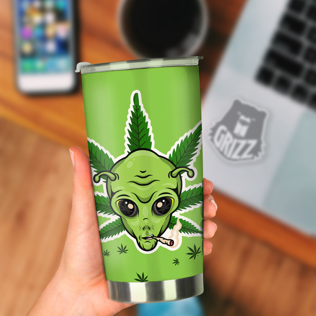 Green Alien Smoking Print Tumbler-grizzshop