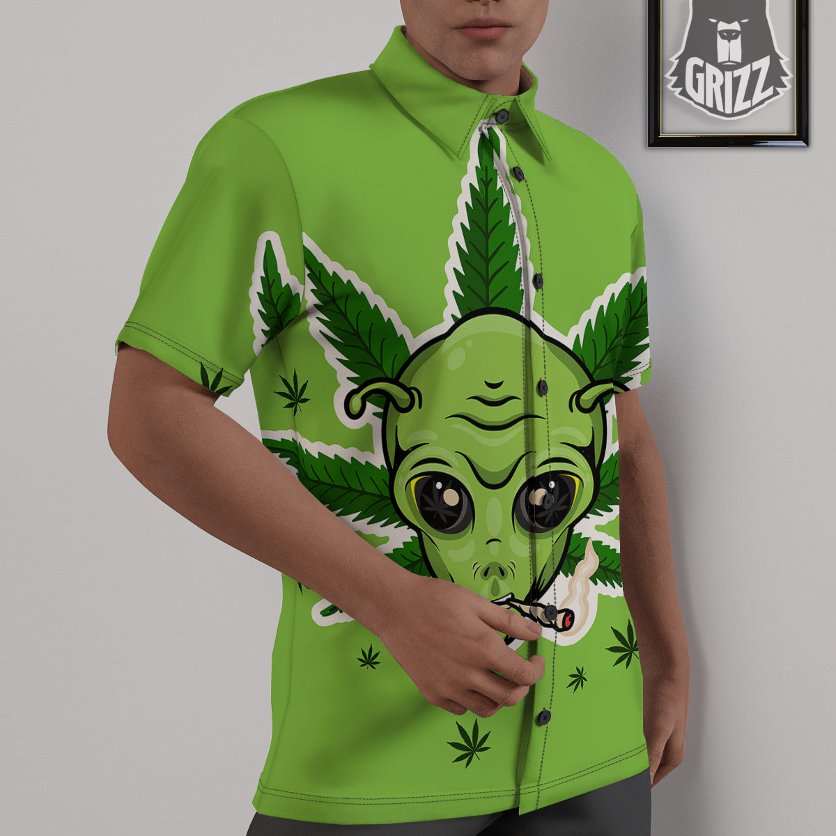 Green Alien Smoking Print Untucked Shirts-grizzshop