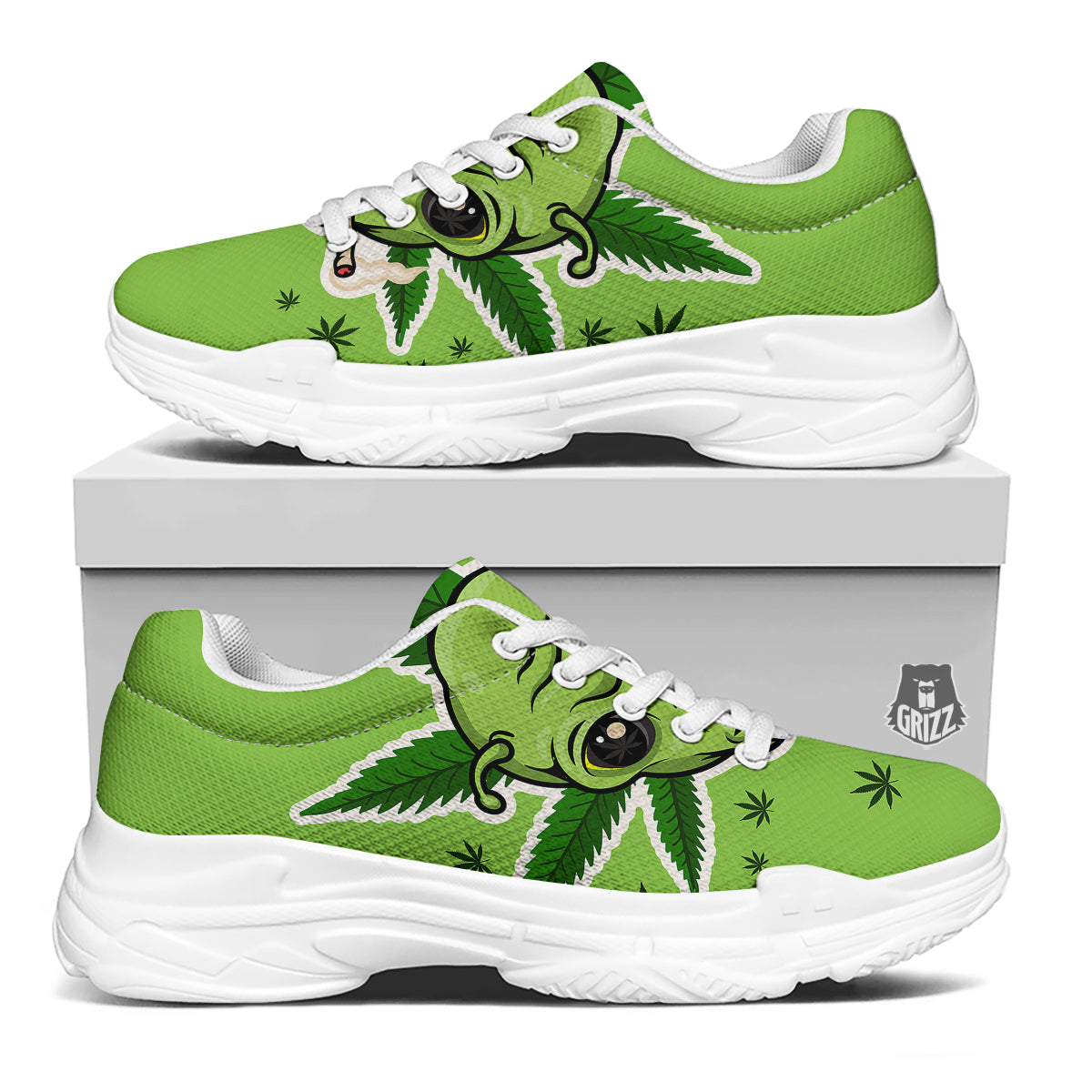 Green Alien Smoking Print White Chunky Shoes-grizzshop