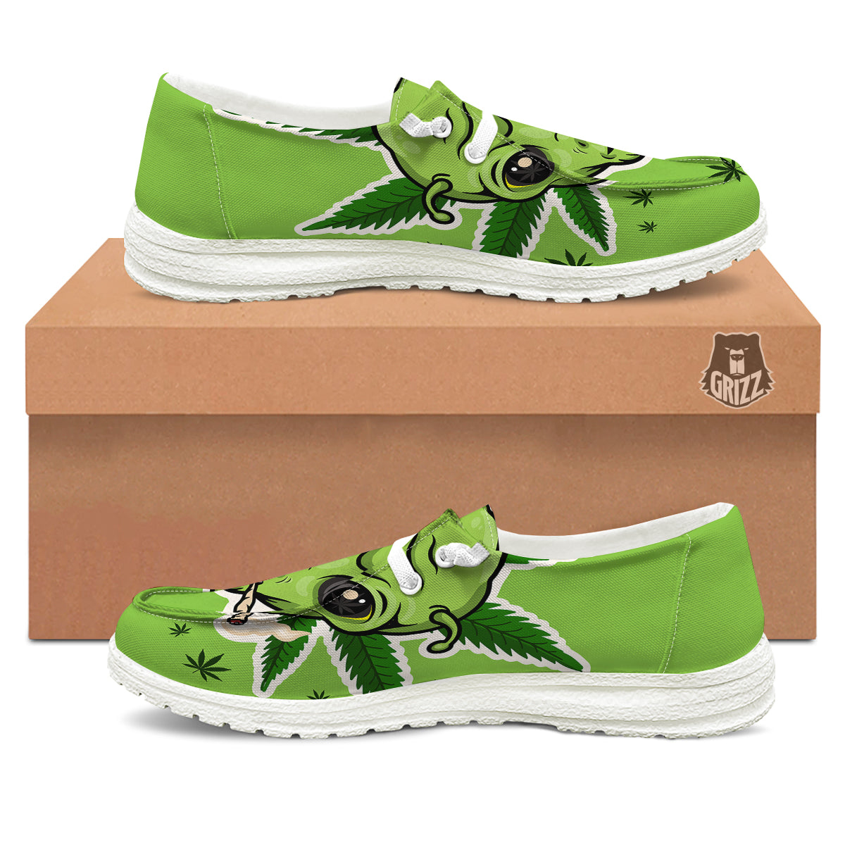 Green Alien Smoking Print White Loafers-grizzshop