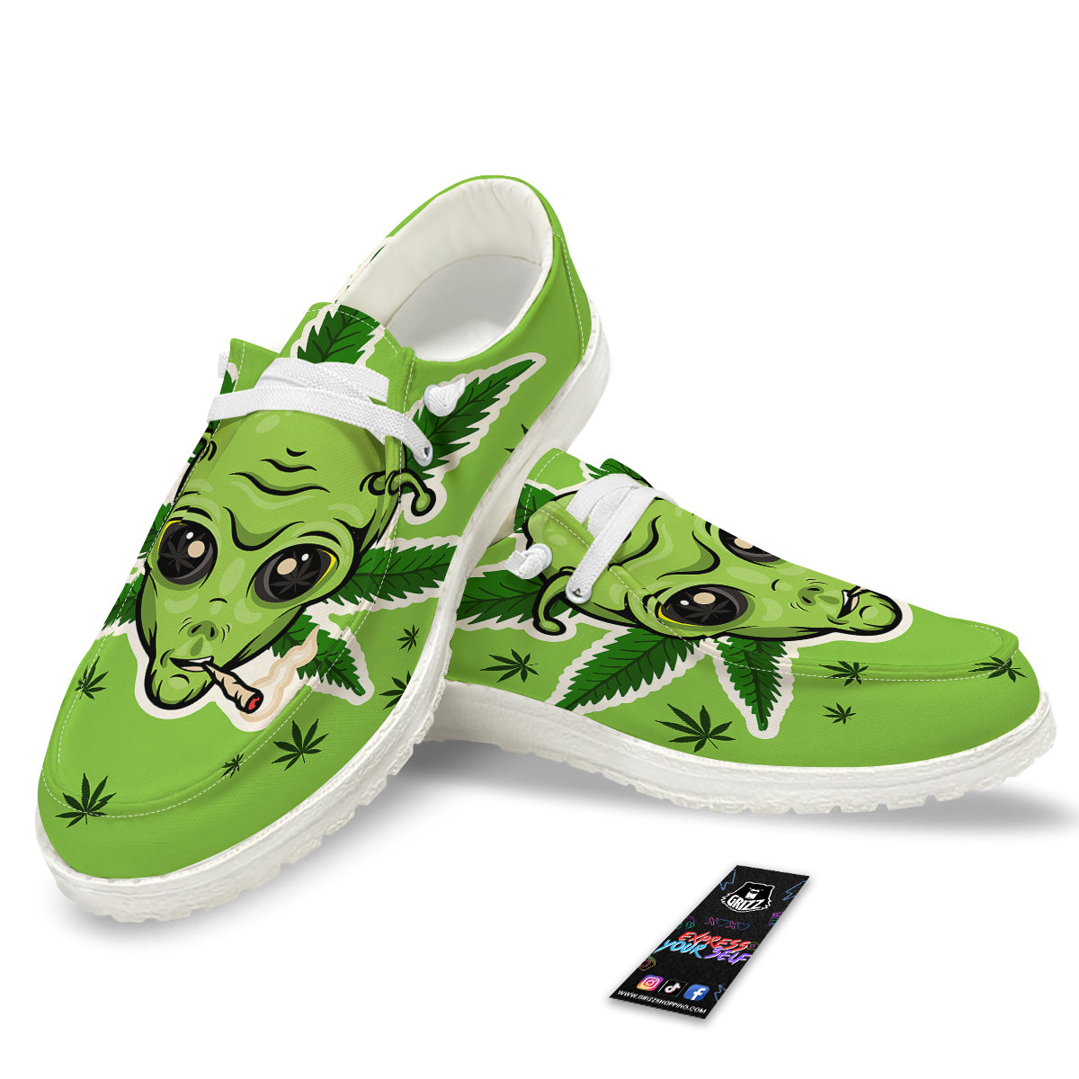 Green Alien Smoking Print White Loafers-grizzshop