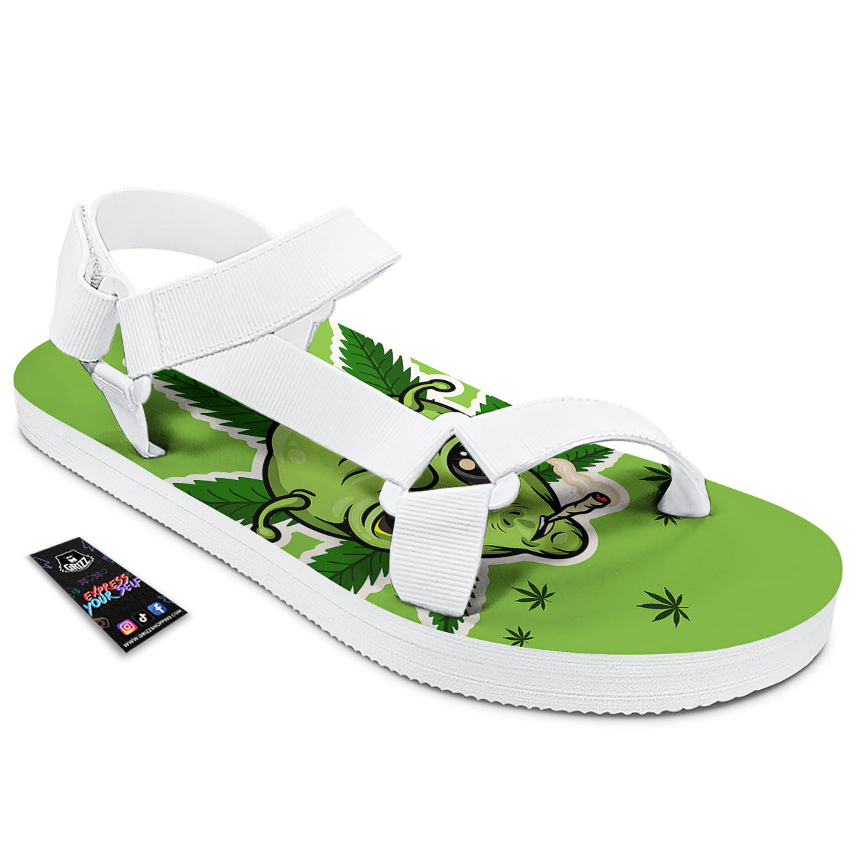 Green Alien Smoking Print White Open Toe Sandals-grizzshop