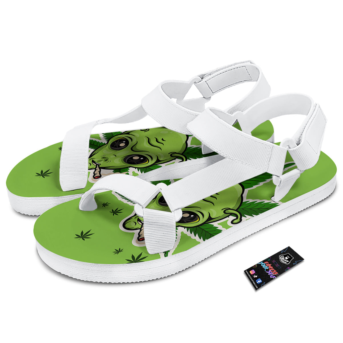 Green Alien Smoking Print White Open Toe Sandals-grizzshop