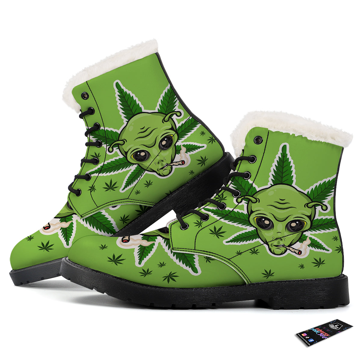 Green Alien Smoking Print Winter Boots-grizzshop