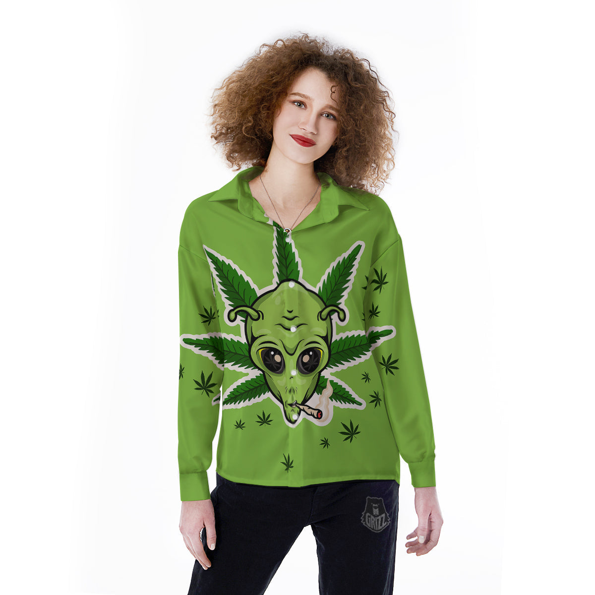 Green Alien Smoking Print Women's Long Sleeve Shirts-grizzshop