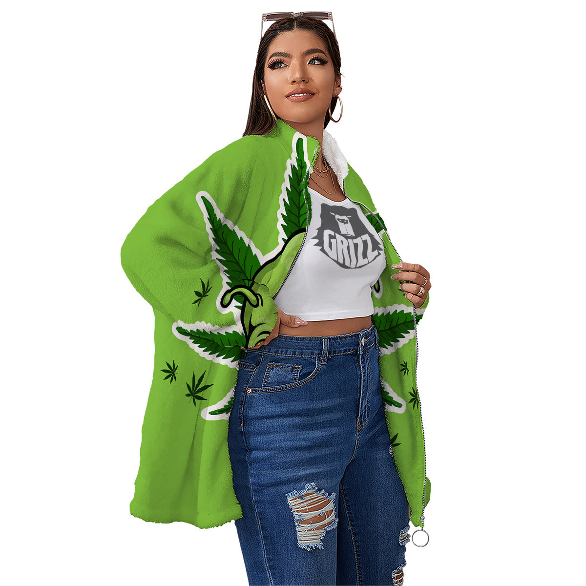 Green Alien Smoking Print Women's Sherpa Jacket-grizzshop