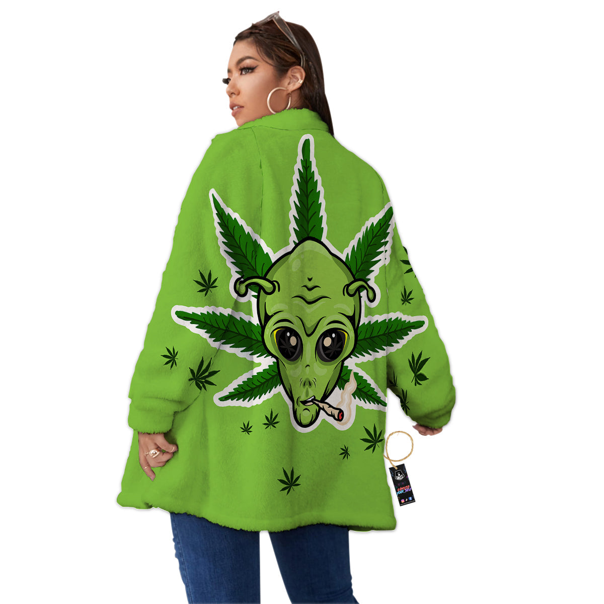 Green Alien Smoking Print Women's Sherpa Jacket-grizzshop