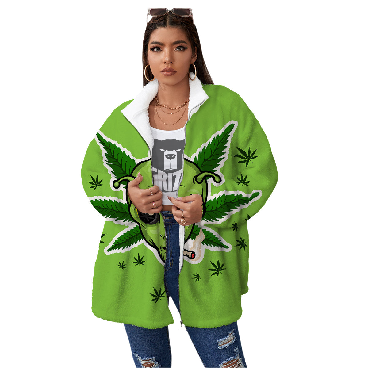 Green Alien Smoking Print Women's Sherpa Jacket-grizzshop