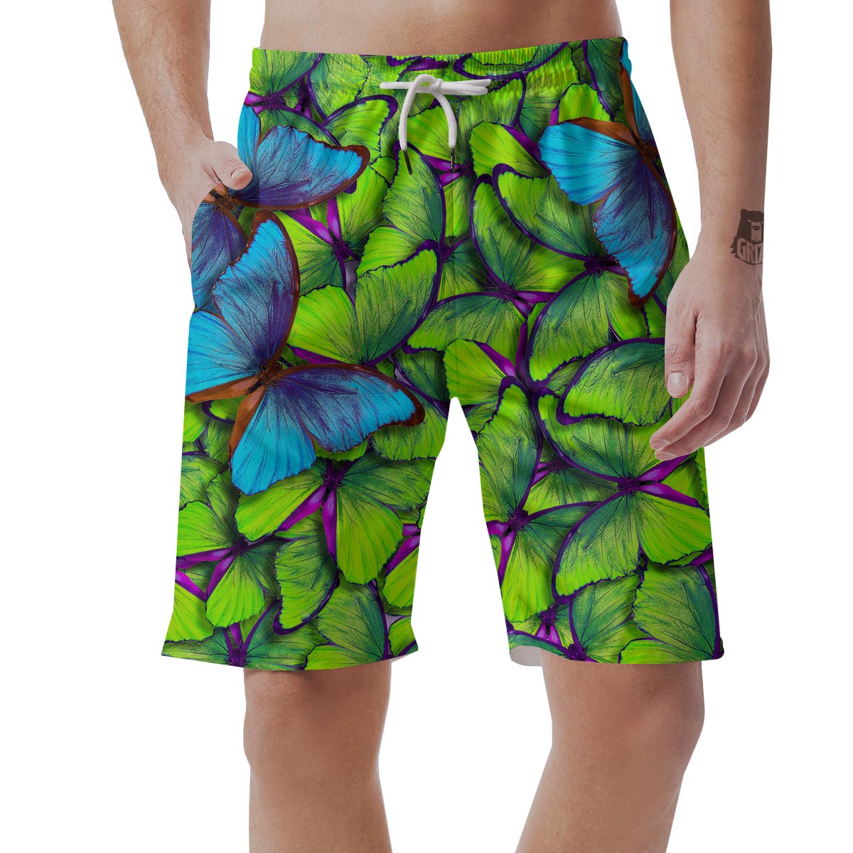 Green And Blue Butterfly Print Men's Shorts-grizzshop