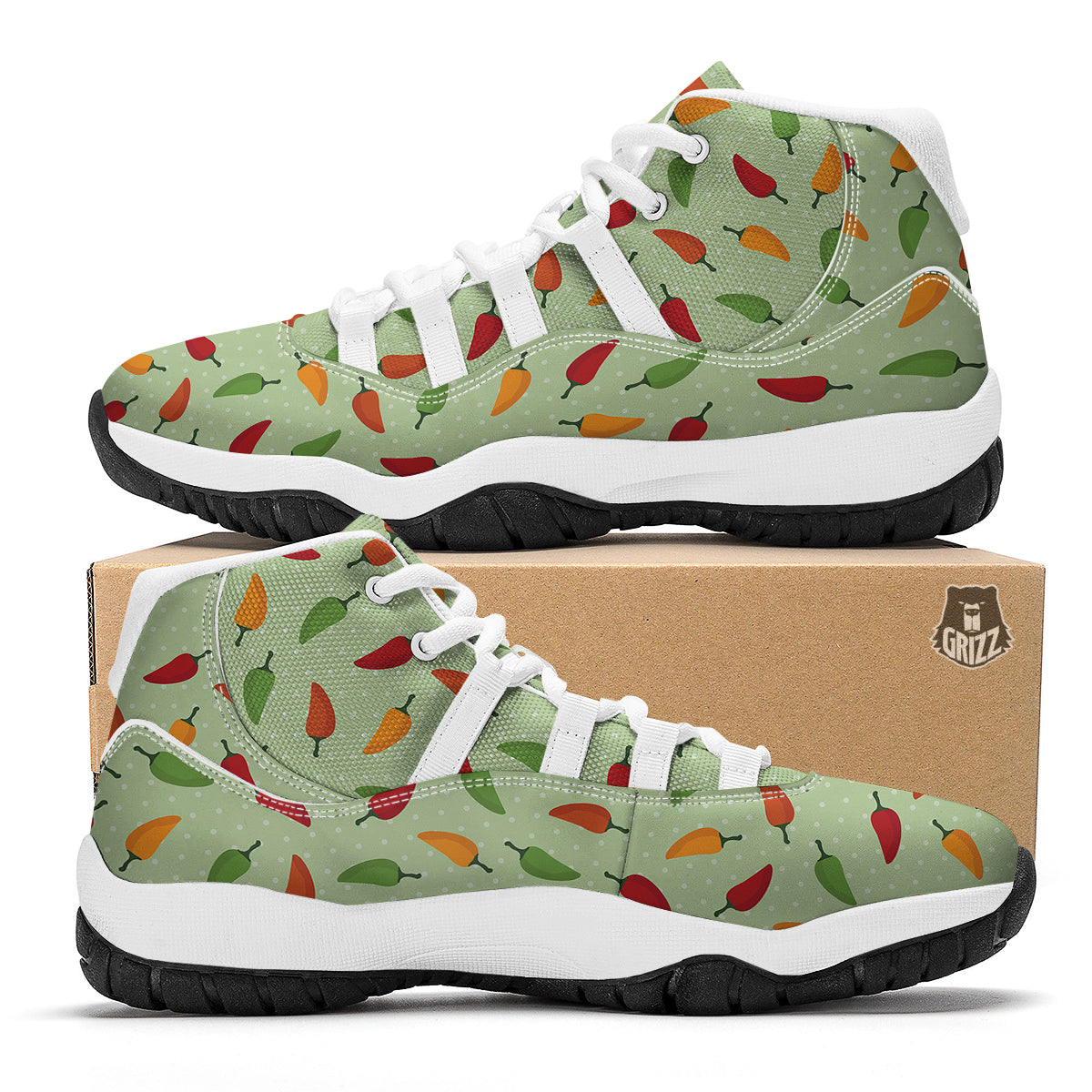 Green And Chili Pepper Print Pattern White Bball Shoes-grizzshop