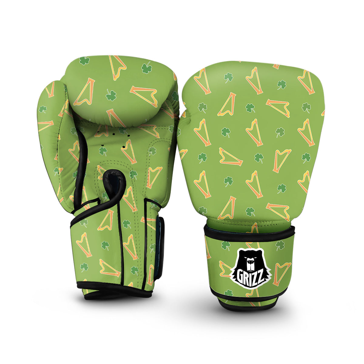 Green And Gold Harp Print Pattern Boxing Gloves-grizzshop