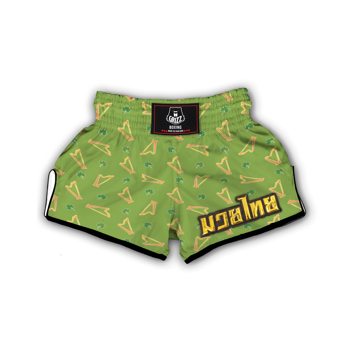 Green And Gold Harp Print Pattern Muay Thai Boxing Shorts-grizzshop