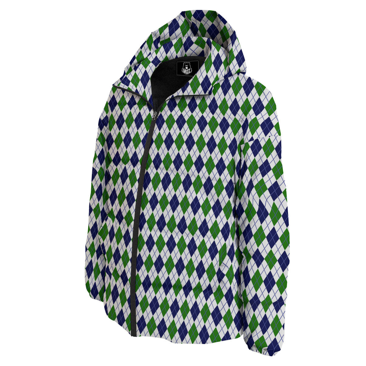 Green And White Navy Argyle Print Down Jacket-grizzshop