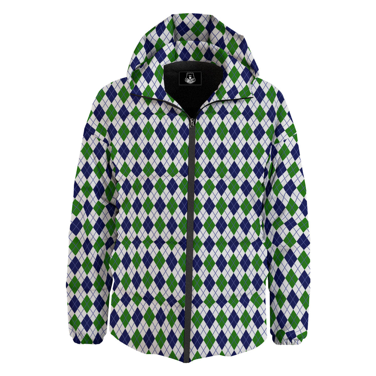 Green And White Navy Argyle Print Down Jacket-grizzshop