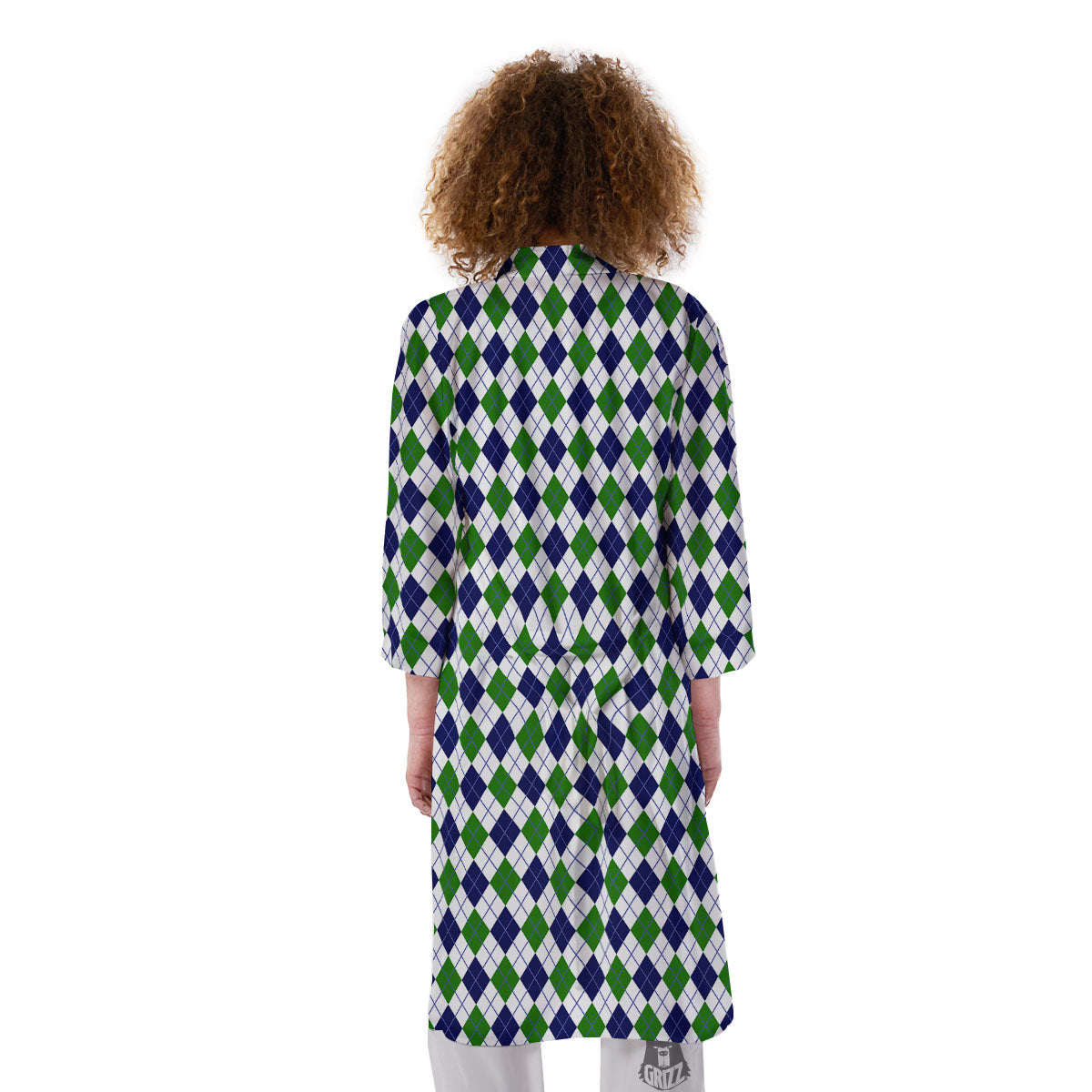 Green And White Navy Argyle Print Kimono-grizzshop