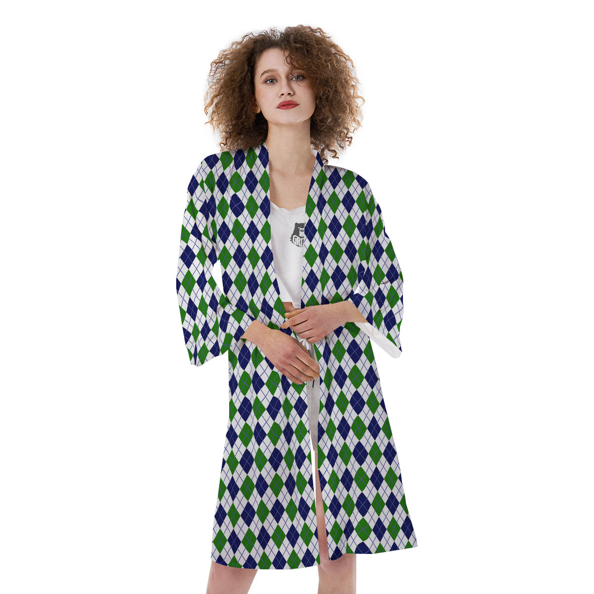 Green And White Navy Argyle Print Kimono-grizzshop