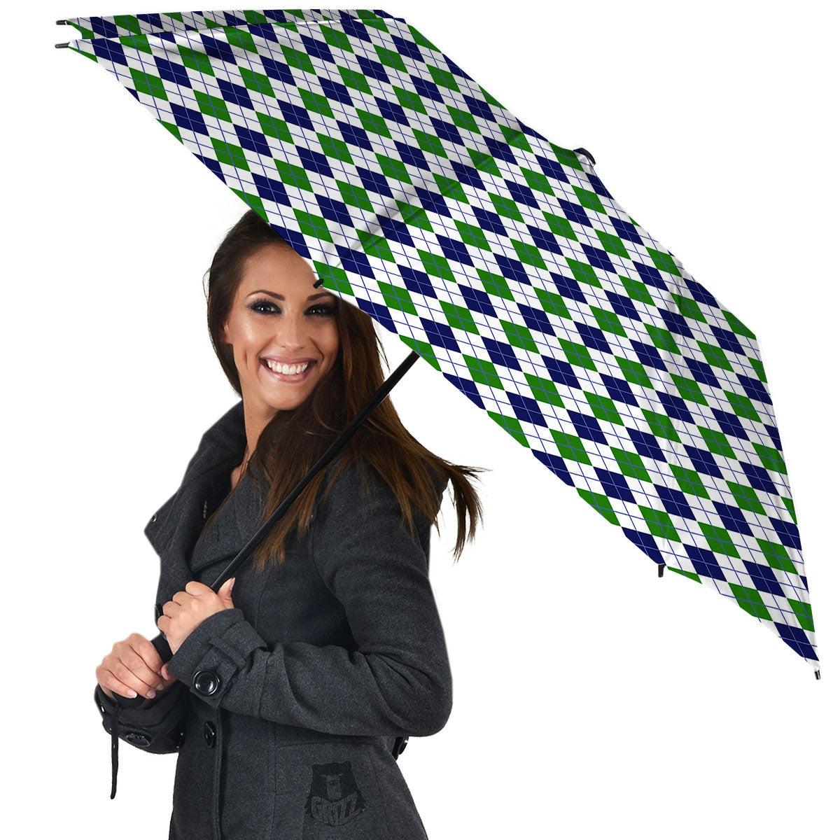 Green And White Navy Argyle Print Umbrella-grizzshop