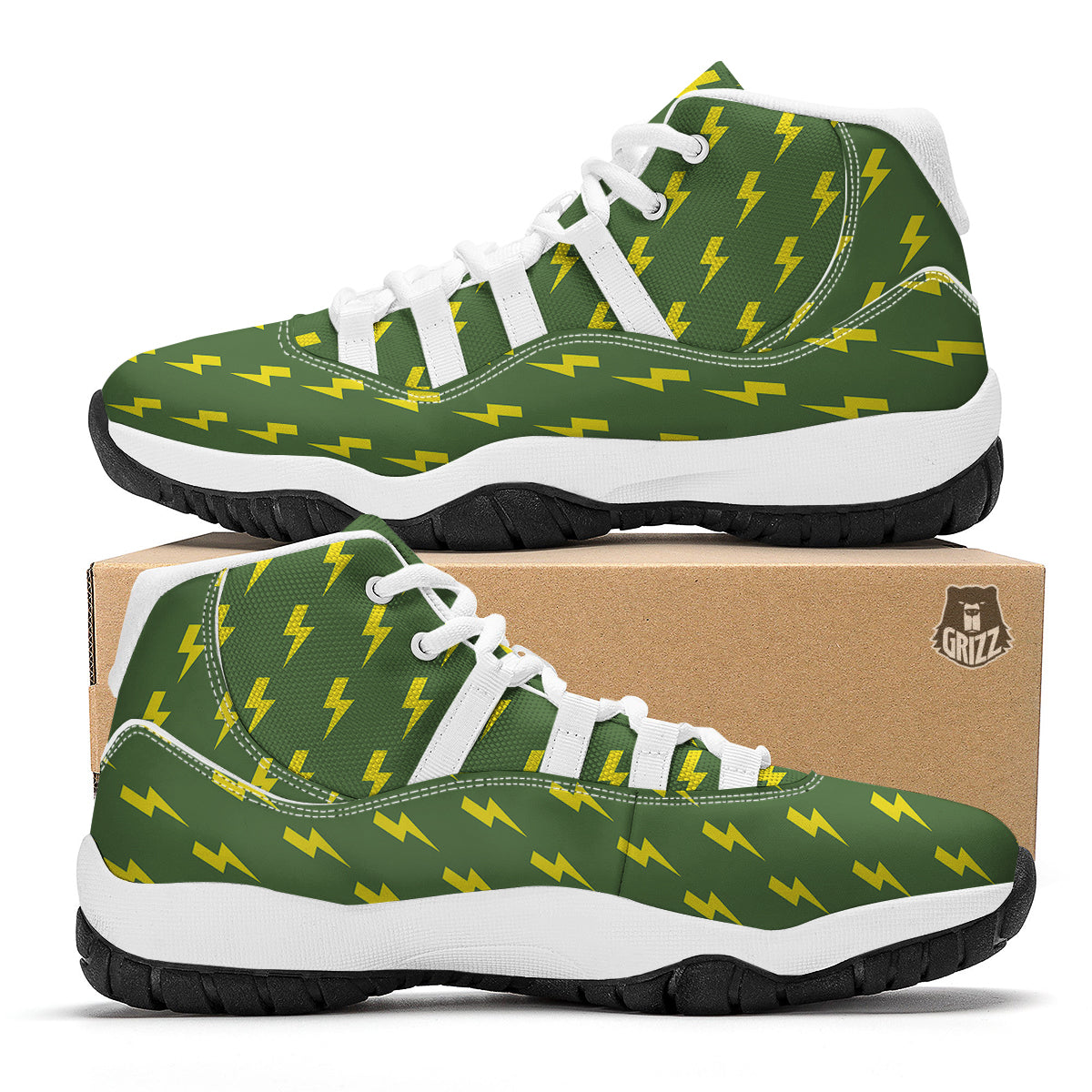 Green And Yellow Thunder Print Pattern White Bball Shoes-grizzshop