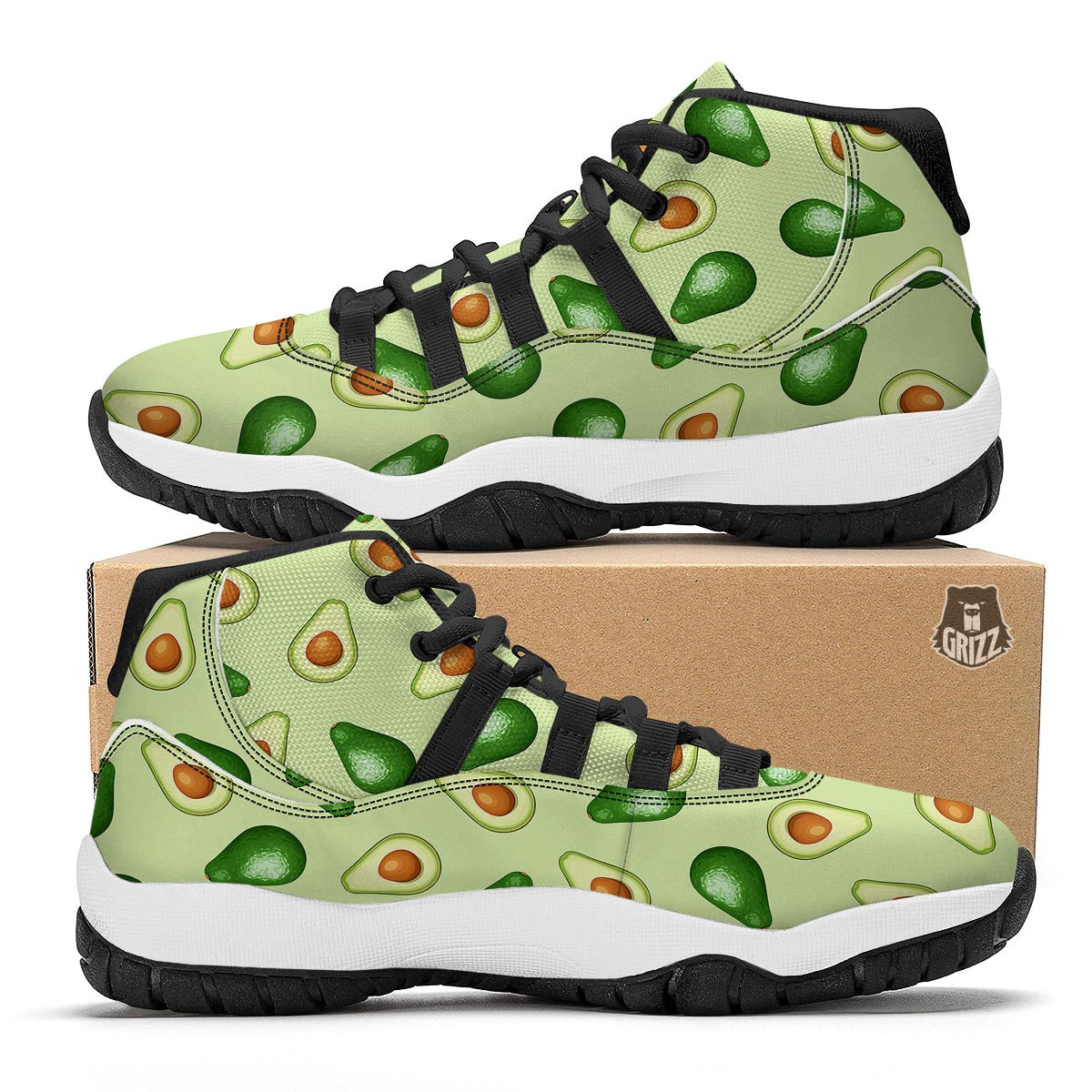 Green Avocado Patttern Print Black Bball Shoes-grizzshop