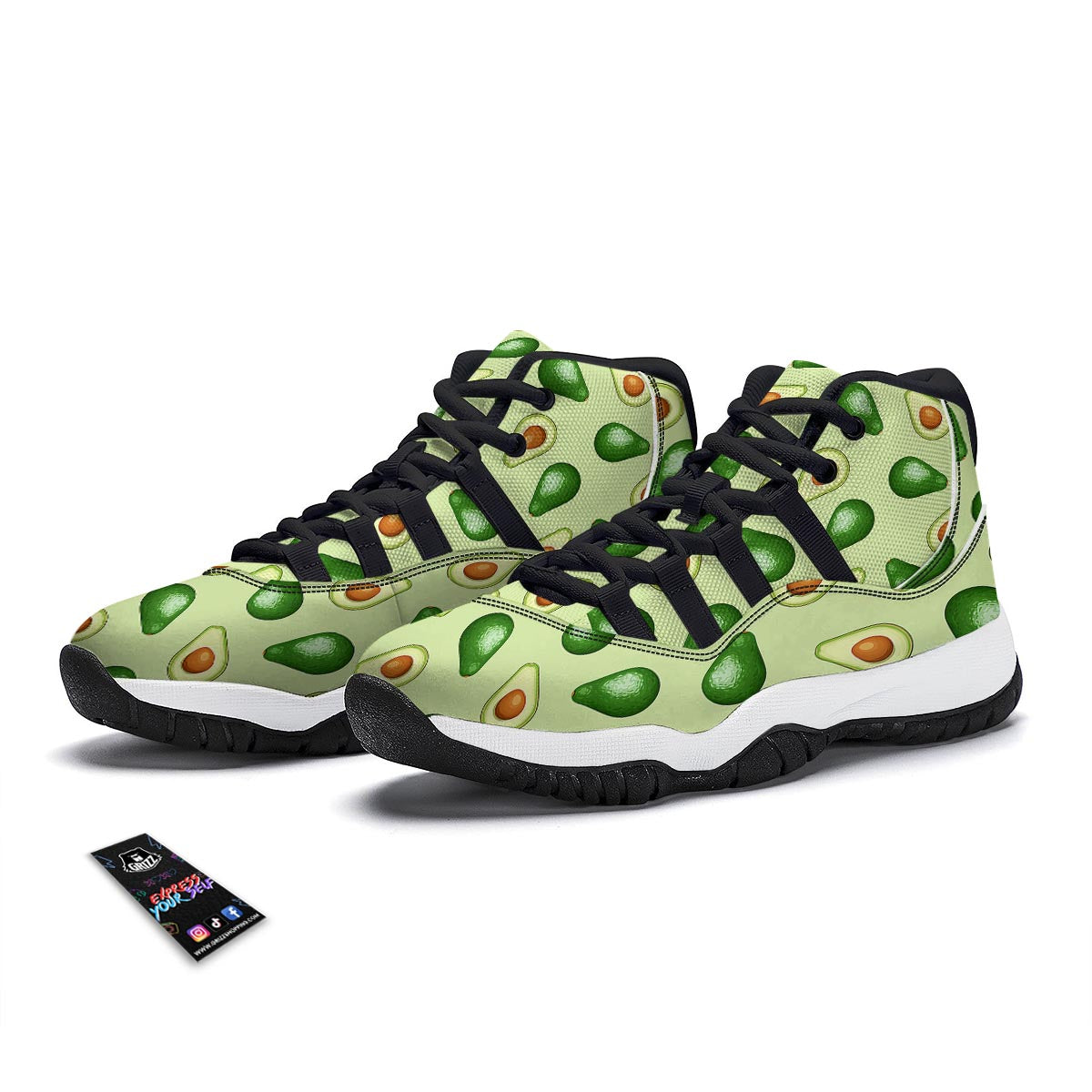 Green Avocado Patttern Print Black Bball Shoes-grizzshop