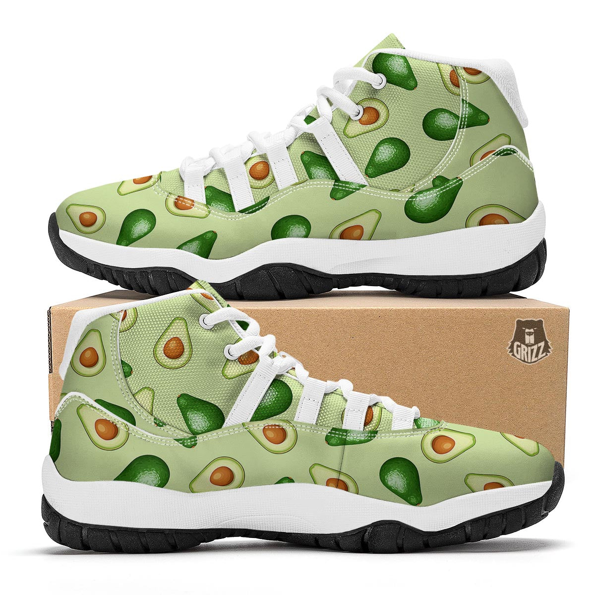 Green Avocado Patttern Print White Bball Shoes-grizzshop