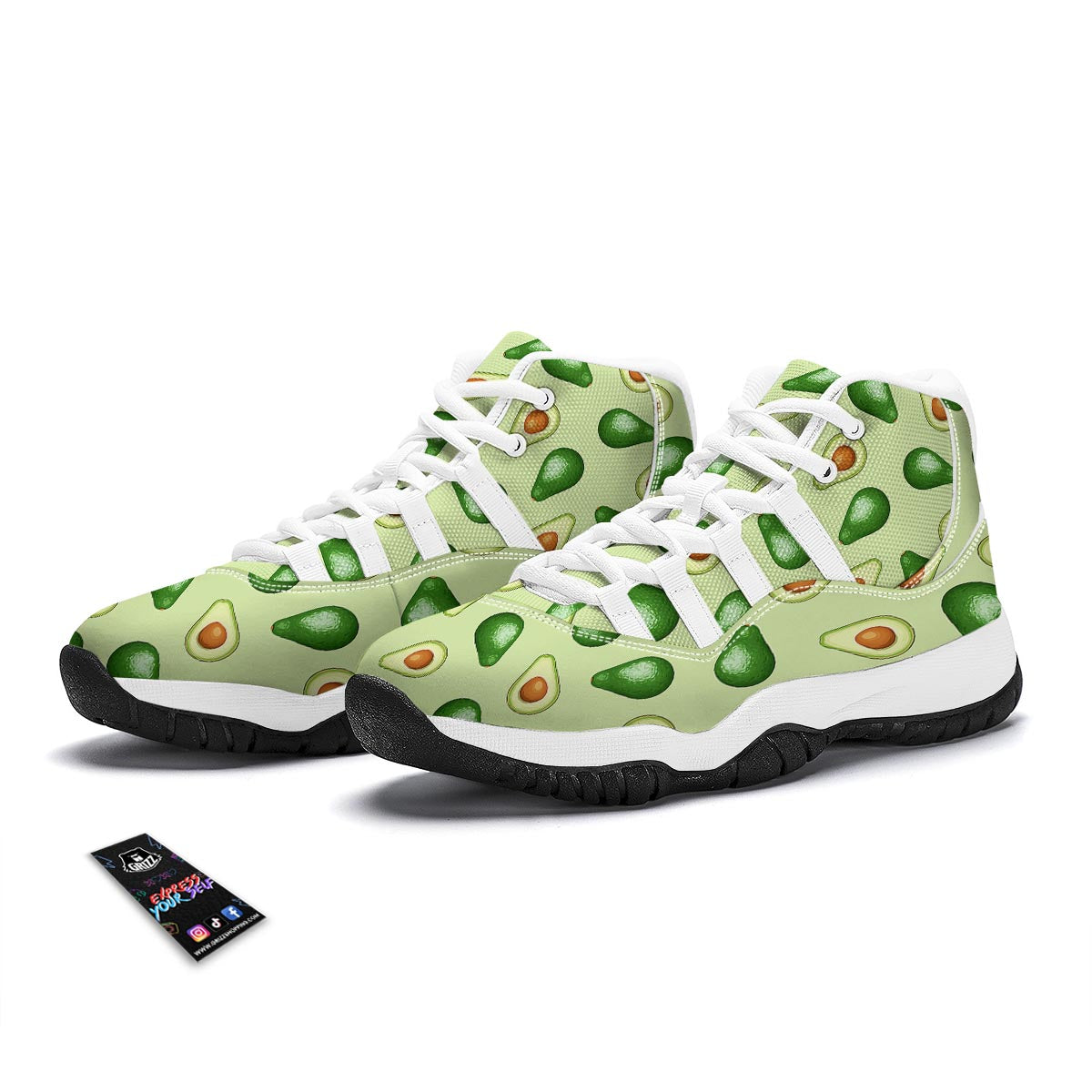 Green Avocado Patttern Print White Bball Shoes-grizzshop