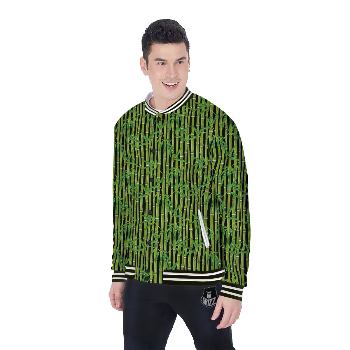 Green Bamboo And Leaves Print Pattern Baseball Jacket-grizzshop