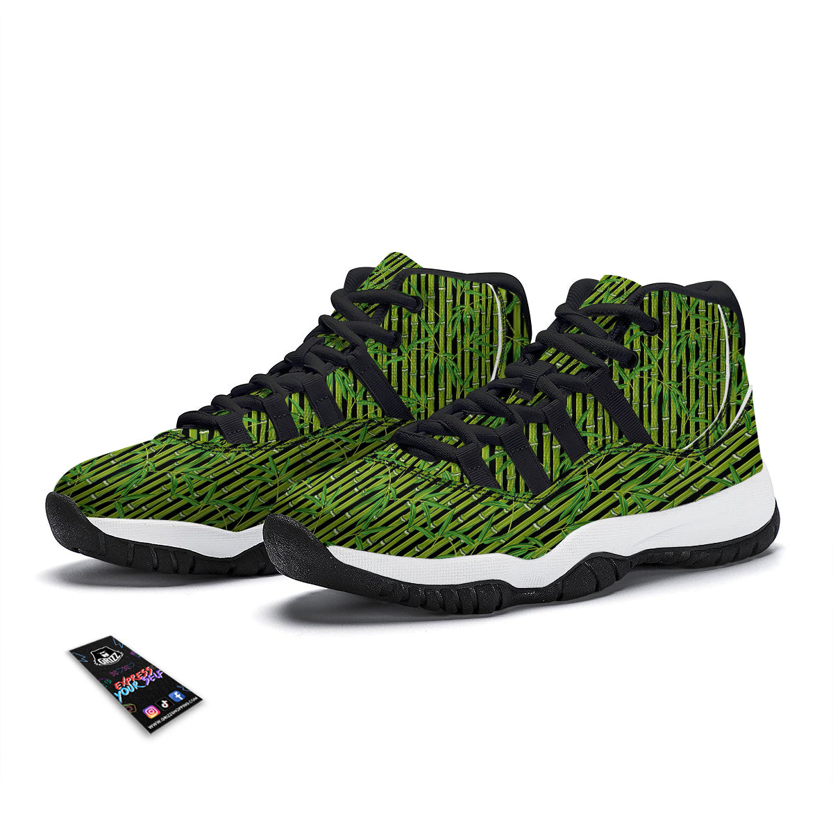 Green Bamboo And Leaves Print Pattern Black Bball Shoes-grizzshop