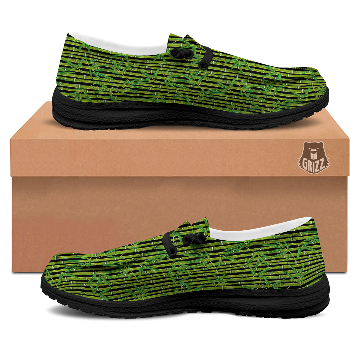 Green Bamboo And Leaves Print Pattern Black Loafers-grizzshop