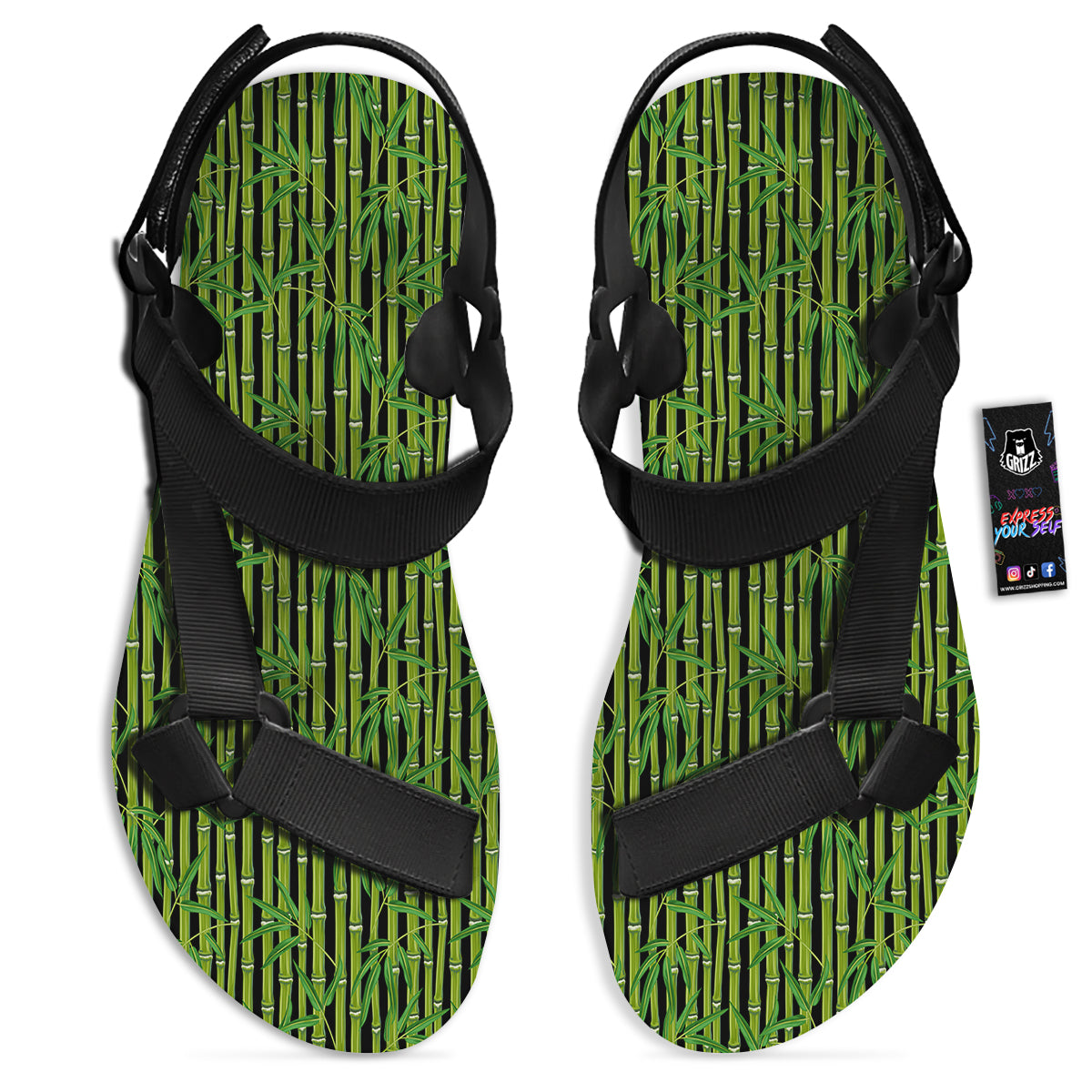 Green Bamboo And Leaves Print Pattern Black Open Toe Sandals-grizzshop