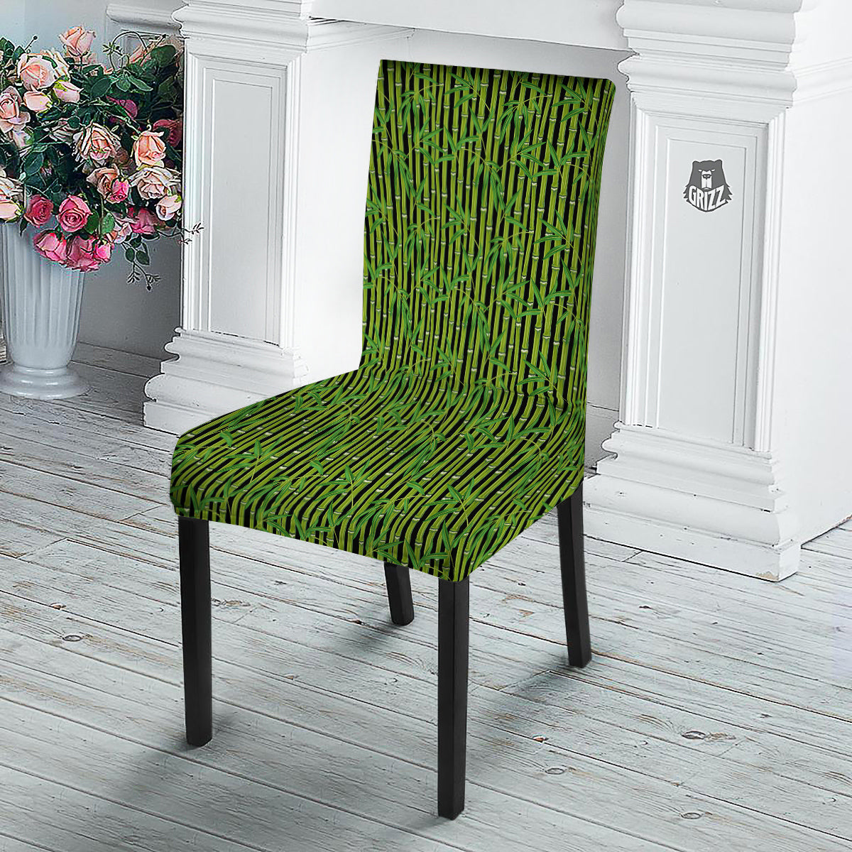 Green Bamboo And Leaves Print Pattern Dining Chair Slipcover-grizzshop