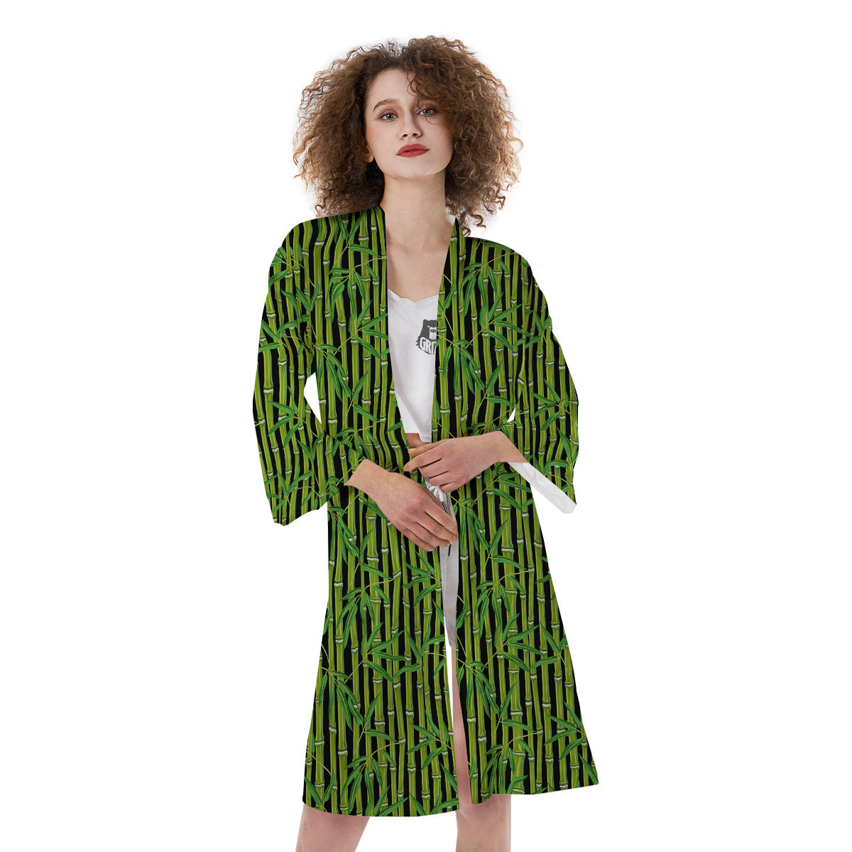 Green Bamboo And Leaves Print Pattern Kimono-grizzshop