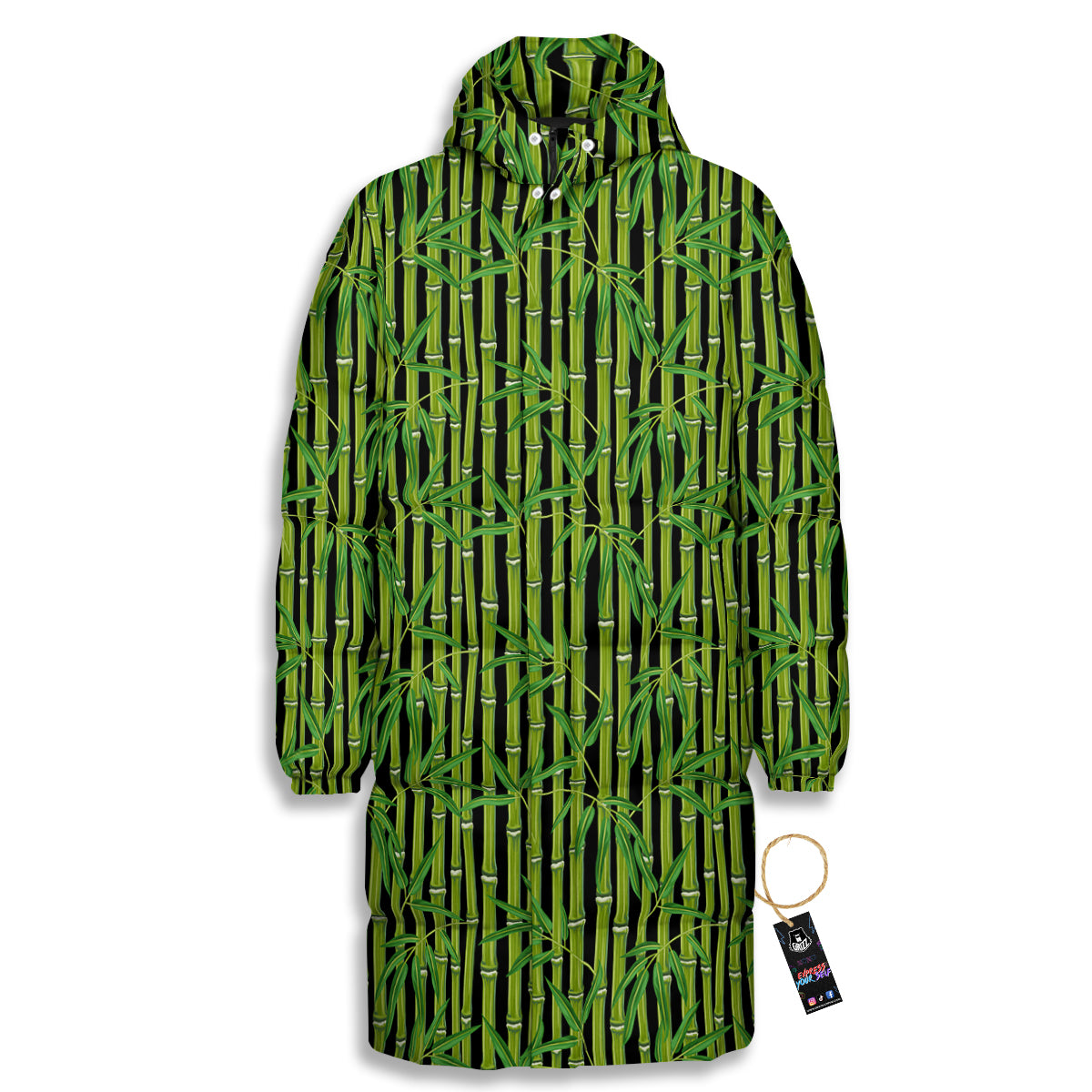 Green Bamboo And Leaves Print Pattern Long Down Jacket-grizzshop