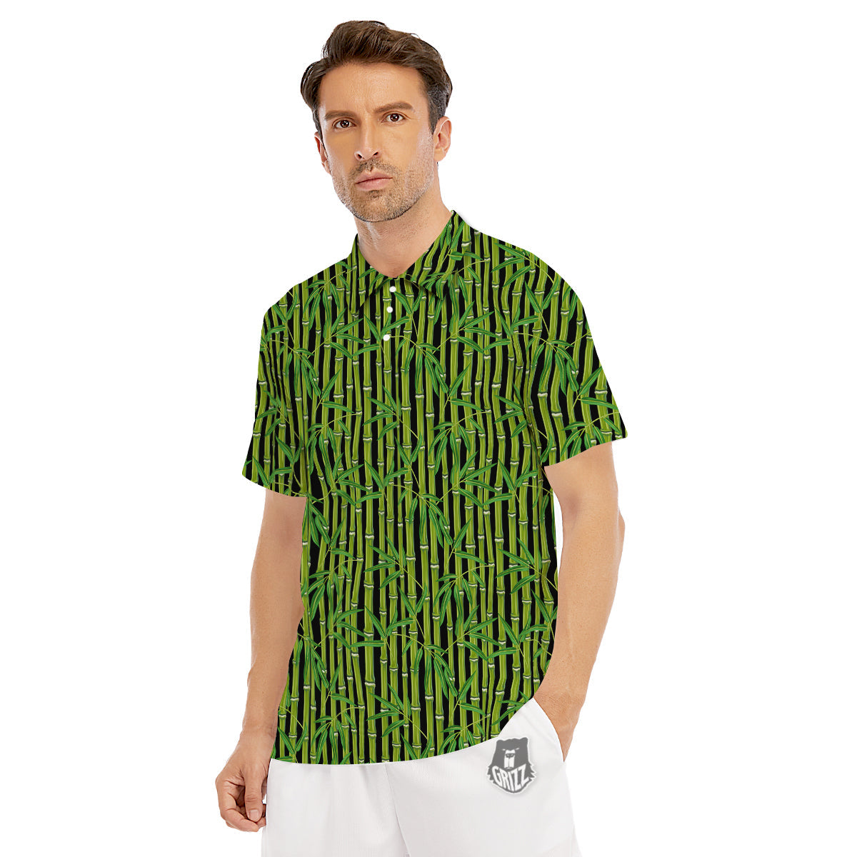 Green Bamboo And Leaves Print Pattern Men's Golf Shirts-grizzshop