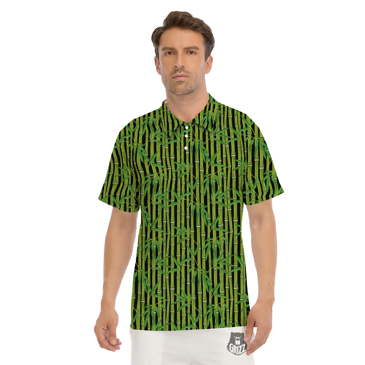 Green Bamboo And Leaves Print Pattern Men's Golf Shirts-grizzshop