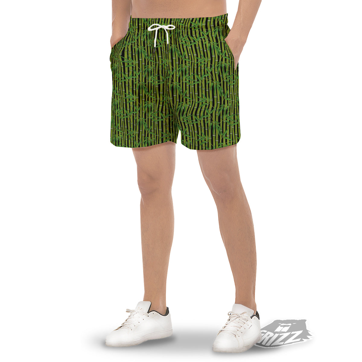 Green Bamboo And Leaves Print Pattern Men's Gym Shorts-grizzshop