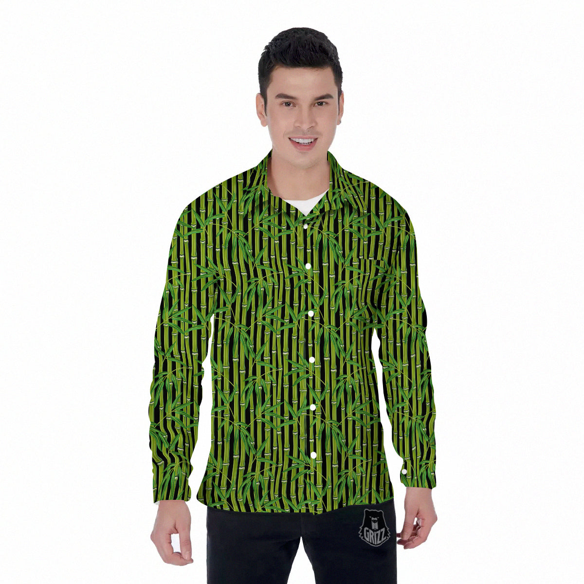 Green Bamboo And Leaves Print Pattern Men's Long Sleeve Shirts-grizzshop