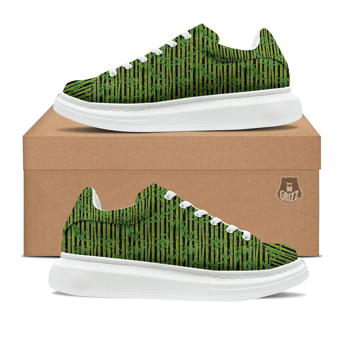 Green Bamboo And Leaves Print Pattern Platform Shoes-grizzshop
