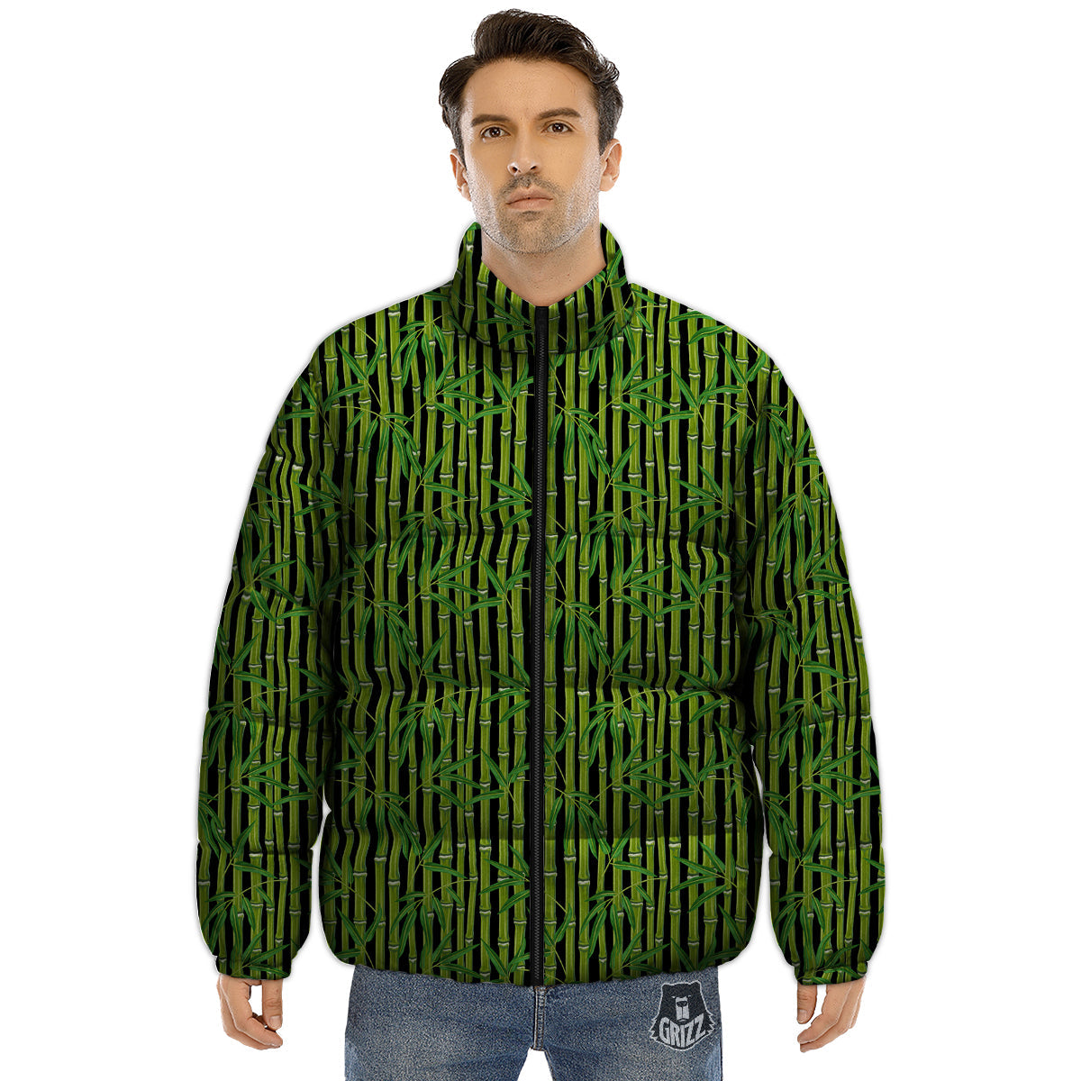Green Bamboo And Leaves Print Pattern Puffer Jacket-grizzshop