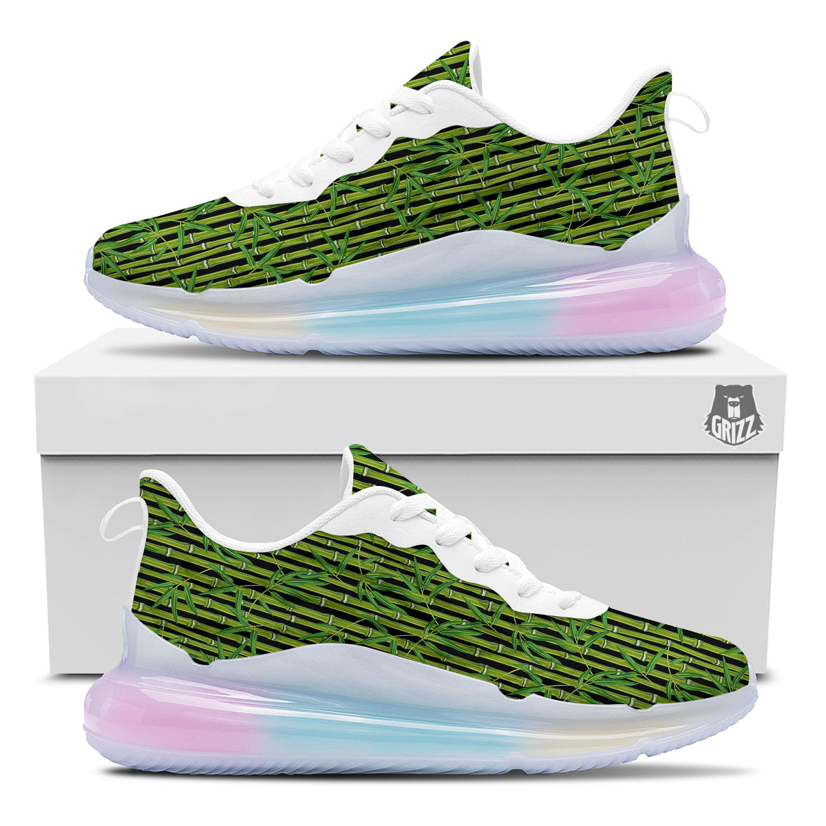 Green Bamboo And Leaves Print Pattern Running Sneakers-grizzshop