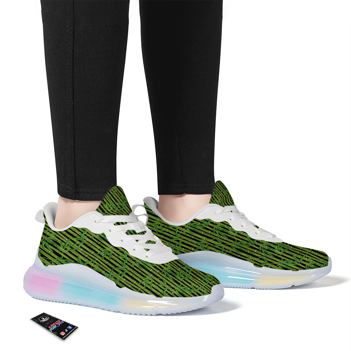 Green Bamboo And Leaves Print Pattern Running Sneakers-grizzshop