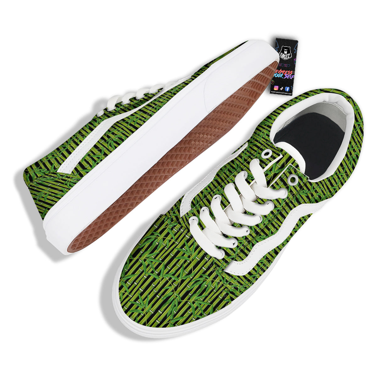 Green Bamboo And Leaves Print Pattern Skate Shoes-grizzshop