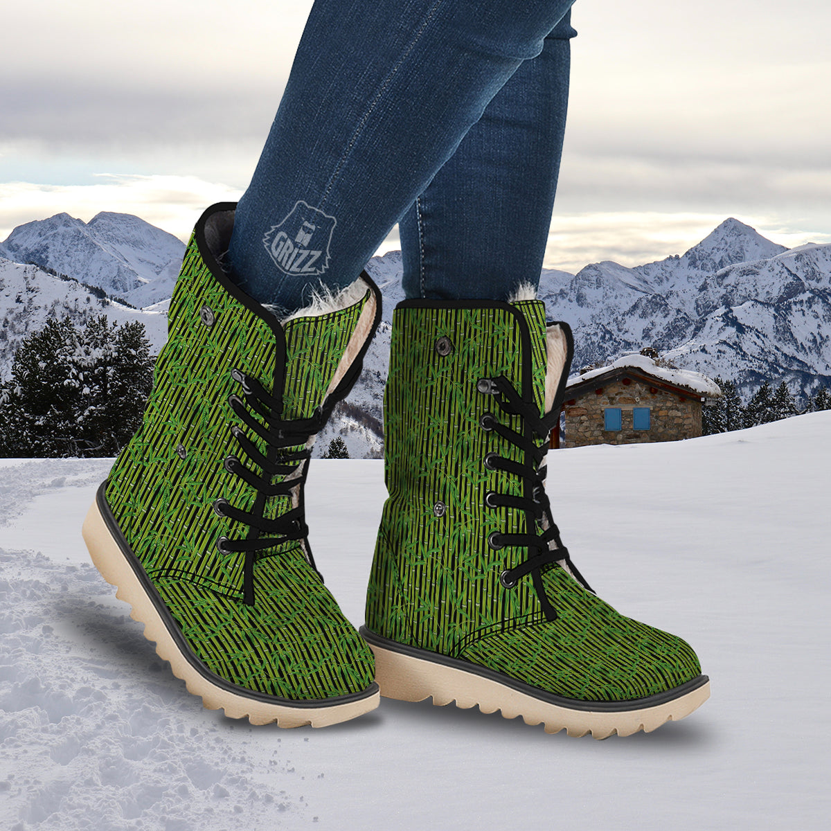 Green Bamboo And Leaves Print Pattern Snow Boots-grizzshop